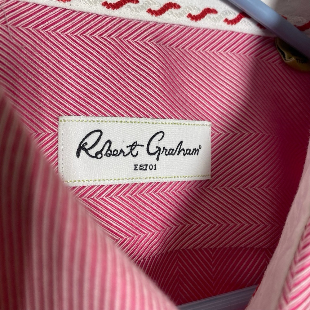 Robert Graham Shirt Mens 43 17 Button Down Pink Patterned Herringbone - Picture 3 of 10